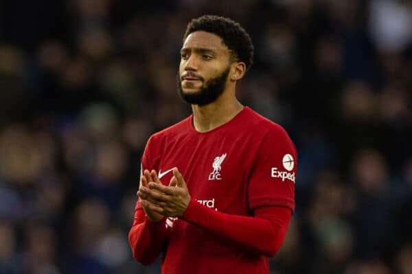 BRIGHTON & HOVE, ENGLAND - Sunday 29 January 2023: Liverpool's Joe Gomez looks dejected after the FA Cup 4th Round match between Brighton & Hove Albion FC and Liverpool FC at the Falmer Stadium.  Brighton won 2-1.  (Image by David Rawcliffe/Propaganda)