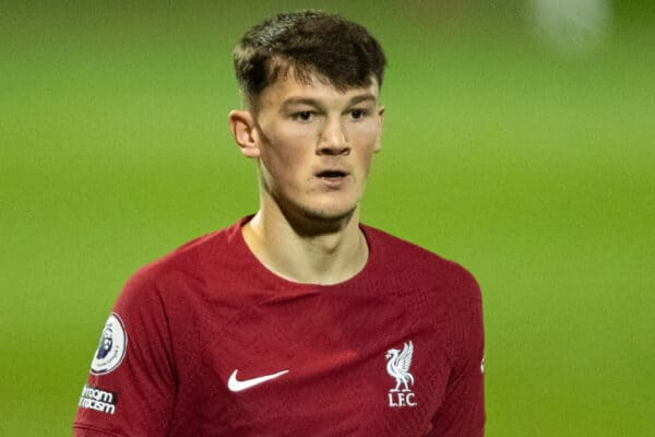LIVERPOOL, ENGLAND - Wednesday, February 1, 2023: Liverpool's Calvin Ramsay during the Premier League International Cup match between Liverpool FC Under-23's and Hertha BSC Under-21's at the Liverpool Academy. (Pic by Jessica Hornby/Propaganda)
