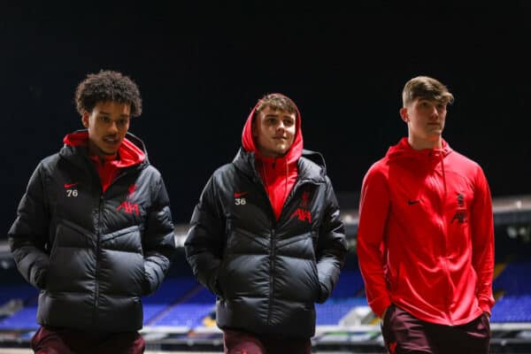 IPSWICH, ENGLAND - Friday, February 3, 2023: Liverpool's (L-R) Calum Scanlon, Bobby Clark and Charlie Hayes-Green before the FA Youth Cup 5th Round match between Ipswich Town FC Under-18's and Liverpool FC Under-18's at Portman Road. (Pic by Stephen Pond/Propaganda)