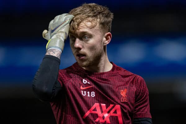 IPSWICH, ENGLAND - Friday, February 3, 2023: Liverpool's goalkeeper Luke Hewitson during the pre-match warm-up before the FA Youth Cup 5th Round match between Ipswich Town FC Under-18's and Liverpool FC Under-18's at Portman Road. (Pic by Stephen Pond/Propaganda)