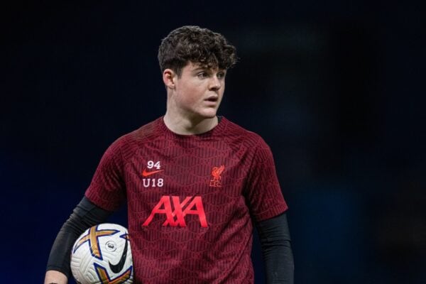 IPSWICH, ENGLAND - Friday, February 3, 2023: Liverpool's goalkeeper Reece Trueman during the pre-match warm-up before the FA Youth Cup 5th Round match between Ipswich Town FC Under-18's and Liverpool FC Under-18's at Portman Road. (Pic by Stephen Pond/Propaganda)