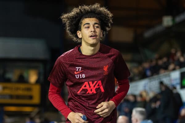 IPSWICH, ENGLAND - Friday, February 3, 2023: Liverpool's substitute Jayden Danns before the FA Youth Cup 5th Round match between Ipswich Town FC Under-18's and Liverpool FC Under-18's at Portman Road. (Pic by Stephen Pond/Propaganda)