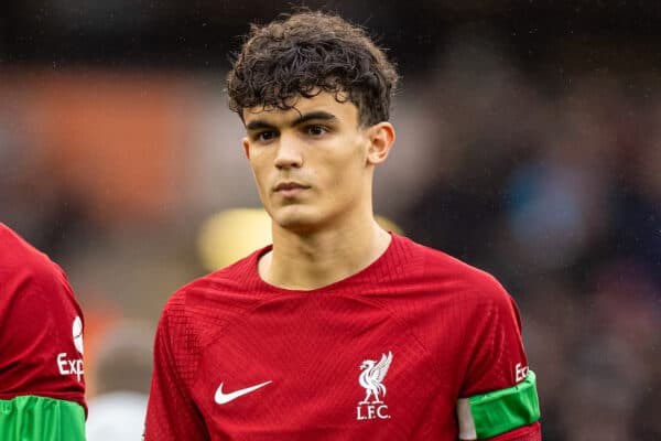 WOLVERHAMPTON, ENGLAND - Saturday 4 February 2023: Liverpool's Stefan Bajcetic lines up before the FA Premier League match between Wolverhampton Wanderers FC and Liverpool FC at Molineux Stadium.  (Image by David Rawcliffe/Propaganda)