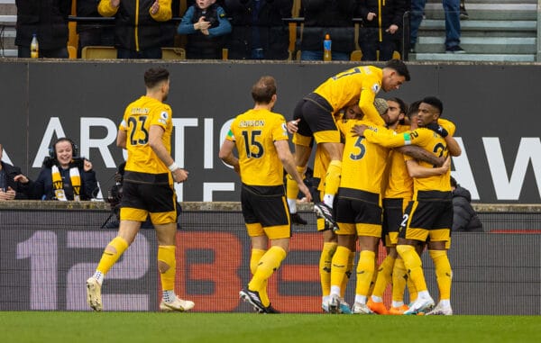 WOLVERHAMPTON, ENGLAND - Saturday, February 4, 2023: Wolverhampton Wanderers players celebrate their side's opening goal during the FA Premier League match between Wolverhampton Wanderers FC and Liverpool FC at Molineux Stadium. (Pic by David Rawcliffe/Propaganda)