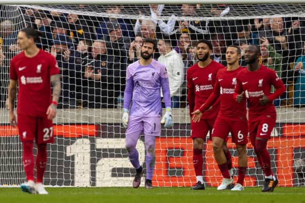 WOLVERHAMPTON, ENGLAND - Saturday, February 4, 2023: Liverpool's goalkeeper Alisson Becker looks dejected as Wolverhampton Wanderers score the second goal during the FA Premier League match between Wolverhampton Wanderers FC and Liverpool FC at Molineux Stadium. (Pic by David Rawcliffe/Propaganda)