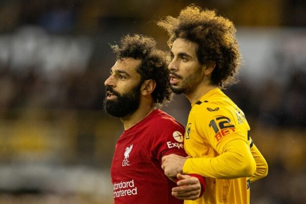 WOLVERHAMPTON, ENGLAND - Saturday, February 4, 2023: Liverpool's Mohamed Salah (L) and Wolverhampton Wanderers' Rayan Aït-Nouri during the FA Premier League match between Wolverhampton Wanderers FC and Liverpool FC at Molineux Stadium. (Pic by David Rawcliffe/Propaganda)