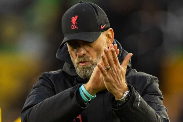 WOLVERHAMPTON, ENGLAND - Saturday, February 4, 2023: Liverpool's manager Jürgen Klopp applauds the supporters after the FA Premier League match between Wolverhampton Wanderers FC and Liverpool FC at Molineux Stadium. (Pic by David Rawcliffe/Propaganda)