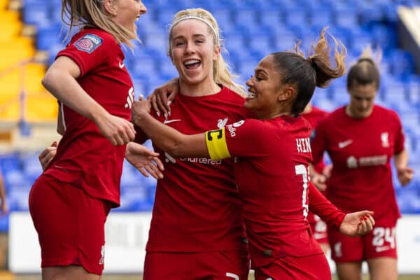 BIRKENHEAD, ENGLAND - Sunday, February 5, 2023: Liverpool's Missy Bo Kearns (C) celebrates with team-mates Melissa Lawley (L) and Taylor Hinds (R) after scoring the opening goal during the FA Women’s Super League game between Liverpool FC Women and Reading FC Women at Prenton Park. Liverpool won 2-0. (Pic by David Rawcliffe/Propaganda)