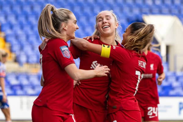 BIRKENHEAD, ENGLAND - Sunday, February 5, 2023: Liverpool's Missy Bo Kearns (C) celebrates with team-mates Melissa Lawley (L) and Taylor Hinds (R) after scoring the opening goal during the FA Women’s Super League game between Liverpool FC Women and Reading FC Women at Prenton Park. Liverpool won 2-0. (Pic by David Rawcliffe/Propaganda)