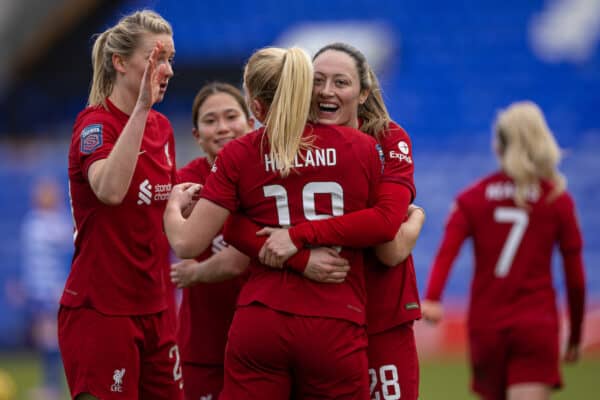 BIRKENHEAD, ENGLAND - Sunday, February 5, 2023: Liverpool's Ceri Holland (C) celebrates with team-mates Rhiannon Roberts (L) and Megan Campbell (R) after scoring the second goal during the FA Women’s Super League game between Liverpool FC Women and Reading FC Women at Prenton Park. Liverpool won 2-0. (Pic by David Rawcliffe/Propaganda)