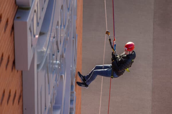 LIVERPOOL, ENGLAND - Thursday, February 9, 2023: Sam Milne walks down the Main Stand during the Anfield Abseil Experience. (Pic by David Rawcliffe/Propaganda)