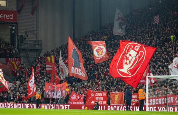 LIVERPOOL, ENGLAND - Monday, February 13, 2023: Liverpool supporters on the Spion Kop during the FA Premier League match between Liverpool FC and Everton FC, the 242nd Merseyside Derby, at Anfield. Liverpool won 2-0. (Pic by David Rawcliffe/Propaganda)