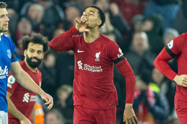 LIVERPOOL, ENGLAND - Monday, February 13, 2023: Liverpool's Cody Gakpo celebrates after scoring the second goal during the FA Premier League match between Liverpool FC and Everton FC, the 242nd Merseyside Derby, at Anfield. Liverpool won 2-0. (Pic by David Rawcliffe/Propaganda)