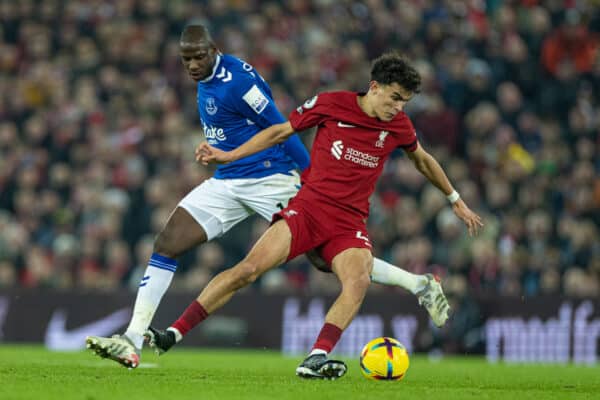 LIVERPOOL, ENGLAND - Monday, February 13, 2023: Liverpool's Stefan Bajcetic (R) turns inside Everton's Abdoulaye Doucouré during the FA Premier League match between Liverpool FC and Everton FC, the 242nd Merseyside Derby, at Anfield. Liverpool won 2-0. (Pic by David Rawcliffe/Propaganda)