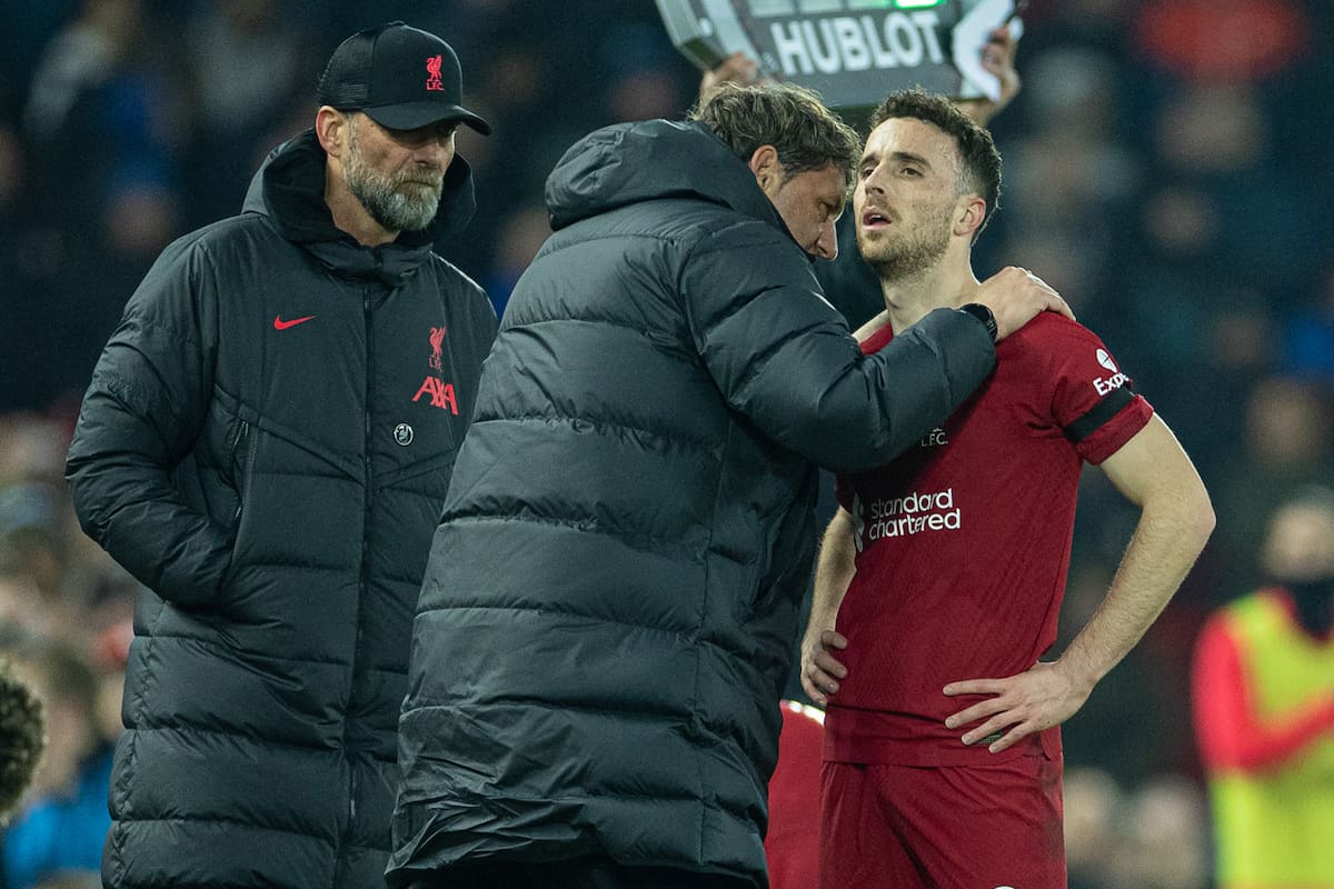 LIVERPOOL, ENGLAND - Monday, February 13, 2023: Liverpool's Diogo Jota is given instructions by assistant manager Peter Krawietz during the FA Premier League match between Liverpool FC and Everton FC, the 242nd Merseyside Derby, at Anfield. Liverpool won 2-0. (Pic by David Rawcliffe/Propaganda)