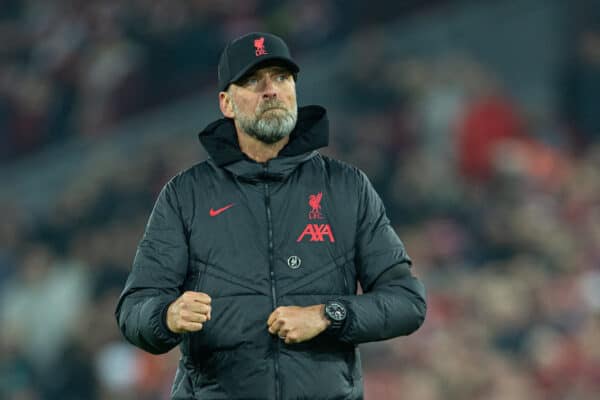 LIVERPOOL, ENGLAND - Monday, February 13, 2023: Liverpool's manager Jürgen Klopp punches the air as he celebrates after the FA Premier League match between Liverpool FC and Everton FC, the 242nd Merseyside Derby, at Anfield. Liverpool won 2-0. (Pic by David Rawcliffe/Propaganda)