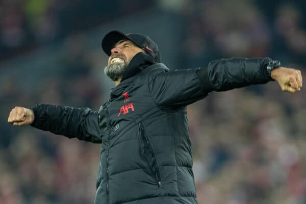 LIVERPOOL, ENGLAND - Monday, February 13, 2023: Liverpool's manager Jürgen Klopp punches the air as he celebrates after the FA Premier League match between Liverpool FC and Everton FC, the 242nd Merseyside Derby, at Anfield. Liverpool won 2-0. (Pic by David Rawcliffe/Propaganda)