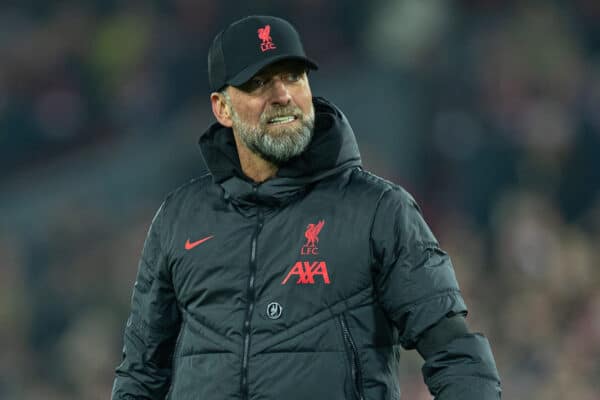 LIVERPOOL, ENGLAND - Monday, February 13, 2023: Liverpool's manager Jürgen Klopp punches the air as he celebrates after the FA Premier League match between Liverpool FC and Everton FC, the 242nd Merseyside Derby, at Anfield. Liverpool won 2-0. (Pic by David Rawcliffe/Propaganda)