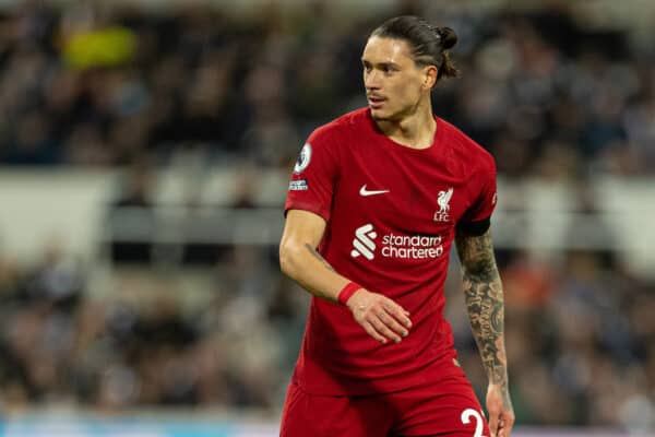 NEWCASTLE-UPON-TYNE, ENGLAND - Saturday, February 18, 2023: Liverpool's Darwin Núñez during the FA Premier League match between Newcastle United FC and Liverpool FC at St. James' Park. Liverpool won 2-0. (Pic by David Rawcliffe/Propaganda)