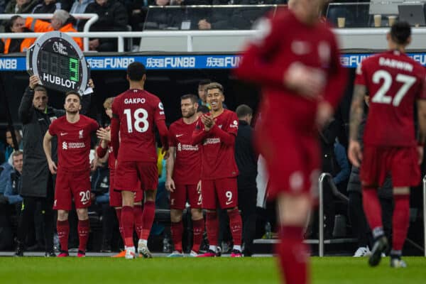 NEWCASTLE-UPON-TYNE, ENGLAND - Saturday, February 18, 2023: Liverpool make four substitutions bringing on Diogo Jota, Harvey Elliott, James Milner and Roberto Firmino during the FA Premier League match between Newcastle United FC and Liverpool FC at St. James' Park. Liverpool won 2-0. (Pic by David Rawcliffe/Propaganda)