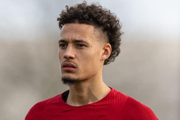 LIVERPOOL, ENGLAND - Sunday, February 19, 2023: Liverpool's Rhys Williams lines-up before during the Premier League 2 Division 1 match between Liverpool FC Under-21's and Chelsea FC Under-21's at the Liverpool Academy. (Pic by David Rawcliffe/Propaganda)