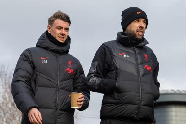 LIVERPOOL, ENGLAND - Sunday, February 19, 2023: Liverpool's Under-21's head coach Barry Lewtas (R) and coach Jonathan Robinson (L) during the Premier League 2 Division 1 match between Liverpool FC Under-21's and Chelsea FC Under-21's at the Liverpool Academy. (Pic by David Rawcliffe/Propaganda)