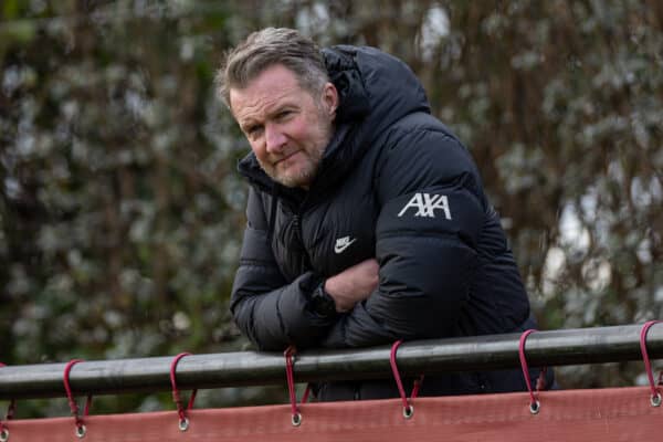 LIVERPOOL, ENGLAND - Sunday, February 19, 2023: Liverpool Academy manager Alex Inglethorpe during the Premier League 2 Division 1 match between Liverpool FC Under-21's and Chelsea FC Under-21's at the Liverpool Academy. (Pic by David Rawcliffe/Propaganda)