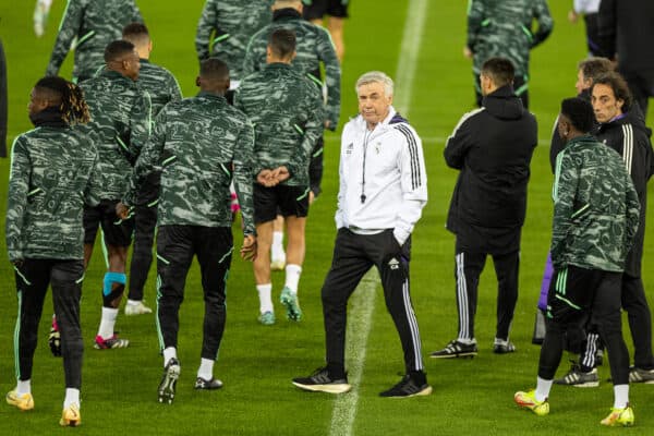 LIVERPOOL, ENGLAND - Monday, February 20, 2023: Real Madrid's head coach Carlo Ancelotti during a training session at Anfield ahead of the UEFA Champions League Round of 16 1st Leg game between Liverpool FC and Real Madrid CF. (Pic by David Rawcliffe/Propaganda)