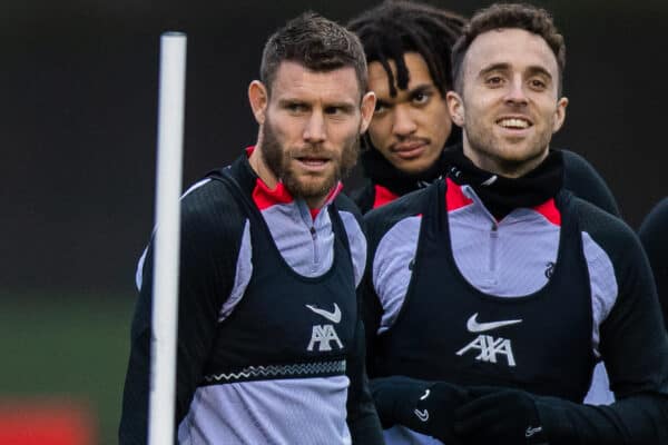 LIVERPOOL, ENGLAND - Monday, February 20, 2023: Liverpool's (L-R) James Milner, Trent Alexander-Arnold and Diogo Jota during a training session at the AXA Training Centre ahead of the UEFA Champions League Round of 16 1st Leg game between Liverpool FC and Real Madrid CF. (Pic by Jessica Hornby/Propaganda)