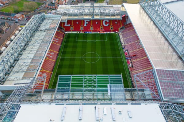 LIVERPOOL, ENGLAND - Tuesday, February 21, 2023: A new roof on the Anfield Road stand during the UEFA Champions League Round of 16 1st Leg game between Liverpool FC and Real Madrid at Anfield. (Pic by David Rawcliffe/Propaganda)