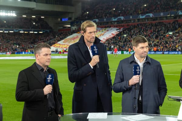 LIVERPOOL, ENGLAND - Tuesday, February 21, 2023: Former Liverpool players (L-R) Michael Owen, Peter Crouch and Steven Gerrard working for BT Sport during the UEFA Champions League Round of 16 1st Leg game between Liverpool FC and Real Madrid at Anfield. (Pic by David Rawcliffe/Propaganda)