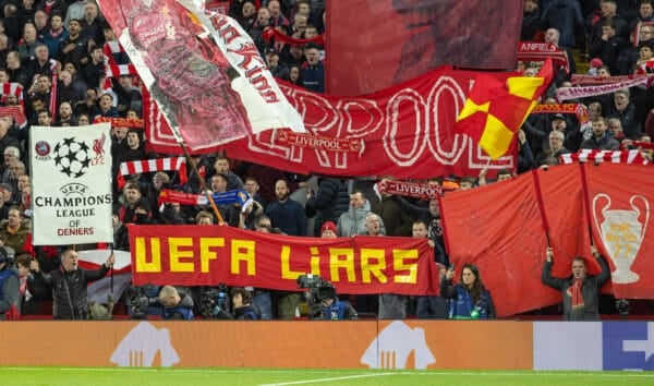 LIVERPOOL, ENGLAND - Tuesday, February 21, 2023: Liverpool supporters' banner "UEFA Liars" on the Spion Kop before the UEFA Champions League Round of 16 1st Leg game between Liverpool FC and Real Madrid at Anfield. (Pic by David Rawcliffe/Propaganda)