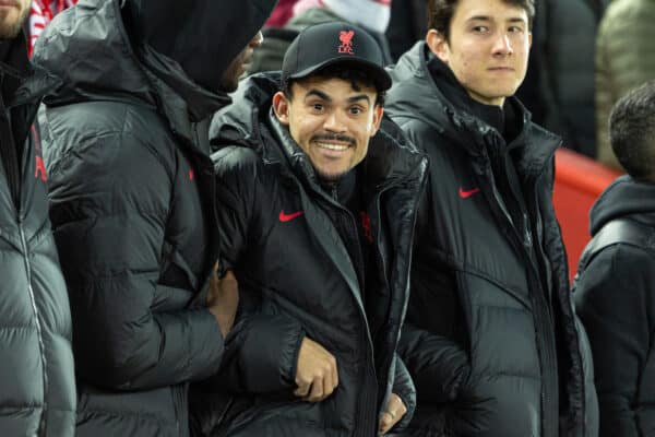 LIVERPOOL, ENGLAND - Tuesday, February 21, 2023: Liverpool's Luis Díaz during the UEFA Champions League Round of 16 1st Leg game between Liverpool FC and Real Madrid at Anfield. (Pic by David Rawcliffe/Propaganda)