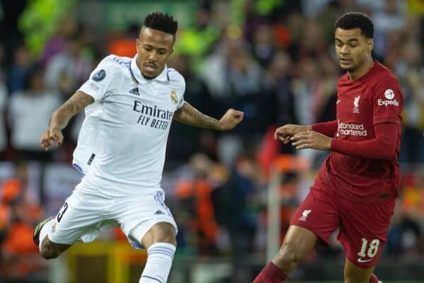 LIVERPOOL, ENGLAND - Tuesday, February 21, 2023: Real Madrid's Éder Militão and Liverpool's Cody Gakpo during the UEFA Champions League Round of 16 1st Leg game between Liverpool FC and Real Madrid at Anfield. (Pic by David Rawcliffe/Propaganda)