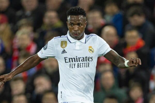LIVERPOOL, ENGLAND - Tuesday, February 21, 2023: Real Madrid's Vinícius Júnior during the UEFA Champions League Round of 16 1st Leg game between Liverpool FC and Real Madrid at Anfield. (Pic by David Rawcliffe/Propaganda)