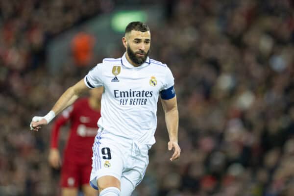 LIVERPOOL, ENGLAND - Tuesday, February 21, 2023: Real Madrid's captain Karim Benzema during the UEFA Champions League Round of 16 1st Leg game between Liverpool FC and Real Madrid at Anfield. (Pic by David Rawcliffe/Propaganda)