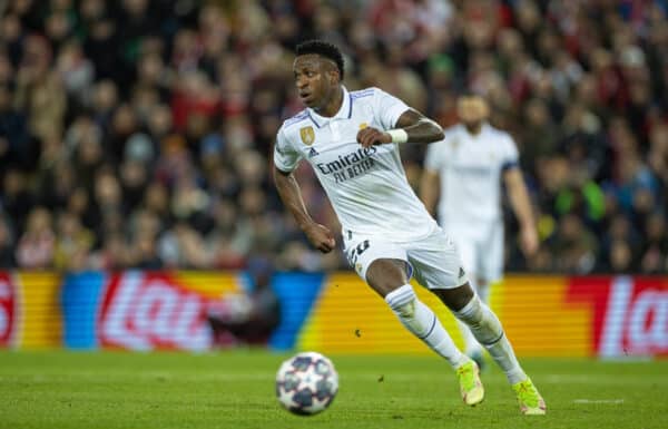 LIVERPOOL, ENGLAND - Tuesday, February 21, 2023: Real Madrid's Vinícius Júnior during the UEFA Champions League Round of 16 1st Leg game between Liverpool FC and Real Madrid at Anfield. (Pic by David Rawcliffe/Propaganda)