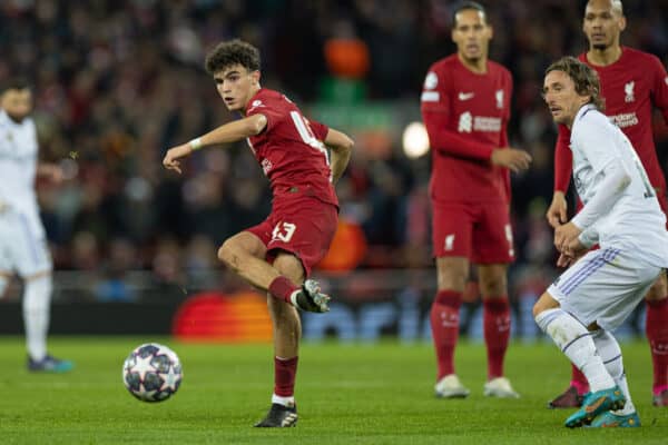 LIVERPOOL, ENGLAND - Tuesday, February 21, 2023: Liverpool's Stefan Bajcetic during the UEFA Champions League Round of 16 1st Leg game between Liverpool FC and Real Madrid at Anfield. (Pic by David Rawcliffe/Propaganda)