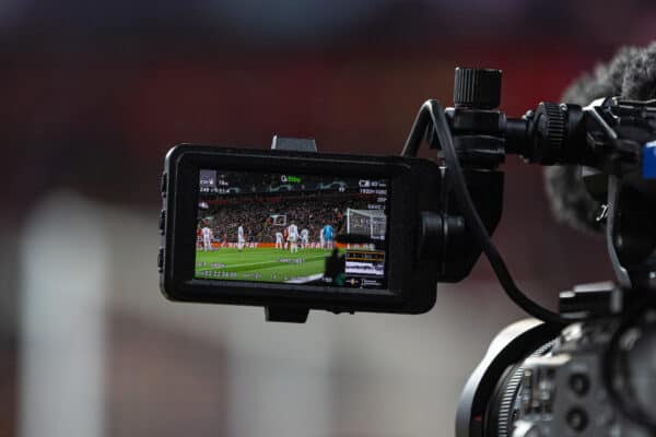 LIVERPOOL, ENGLAND - Tuesday, February 21, 2023: A television camera during the UEFA Champions League Round of 16 1st Leg game between Liverpool FC and Real Madrid at Anfield. (Pic by David Rawcliffe/Propaganda)