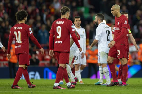 LIVERPOOL, ENGLAND - Tuesday, February 21, 2023: Liverpool's Fabio Henrique Tavares 'Fabinho' looks dejected after the UEFA Champions League Round of 16 1st Leg game between Liverpool FC and Real Madrid at Anfield. (Pic by David Rawcliffe/Propaganda)