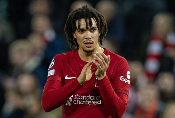 LIVERPOOL, ENGLAND - Tuesday, February 21, 2023: Liverpool's Trent Alexander-Arnold applauds the supporters after the UEFA Champions League Round of 16 1st Leg game between Liverpool FC and Real Madrid at Anfield. Madrid won 5-2. (Pic by David Rawcliffe/Propaganda)