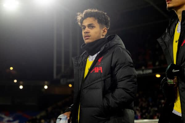 LONDON, ENGLAND - Saturday, February 25, 2023: Liverpool's substitutes Fábio Carvalho (L) and Rhys Williams (R) before the FA Premier League match between Crystal Palace FC and Liverpool FC at Selhurst Park. (Pic by David Rawcliffe/Propaganda)