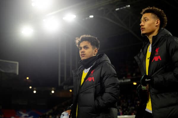 LONDON, ENGLAND - Saturday, February 25, 2023: Liverpool's substitutes Fábio Carvalho (L) and Rhys Williams (R) before the FA Premier League match between Crystal Palace FC and Liverpool FC at Selhurst Park. (Pic by David Rawcliffe/Propaganda)