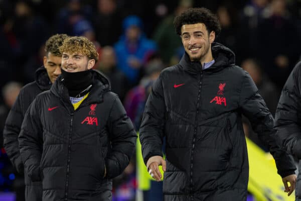 LONDON, ENGLAND - Saturday, February 25, 2023: Liverpool's substitutes (L-R) Harvey Elliott, Curtis Jones and Fabio Henrique Tavares 'Fabinho' before the FA Premier League match between Crystal Palace FC and Liverpool FC at Selhurst Park. (Pic by David Rawcliffe/Propaganda)