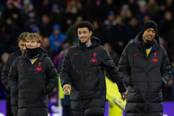 LONDON, ENGLAND - Saturday, February 25, 2023: Liverpool's substitutes (L-R) Harvey Elliott, Curtis Jones and Fabio Henrique Tavares 'Fabinho' before the FA Premier League match between Crystal Palace FC and Liverpool FC at Selhurst Park. (Pic by David Rawcliffe/Propaganda)