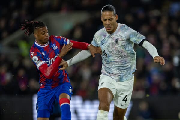 LONDON, ENGLAND - Saturday, February 25, 2023: Liverpool's Virgil van Dijk (R) icb' Crystal Palace's Michael Olise during the FA Premier League match between Crystal Palace FC and Liverpool FC at Selhurst Park. (Pic by David Rawcliffe/Propaganda)