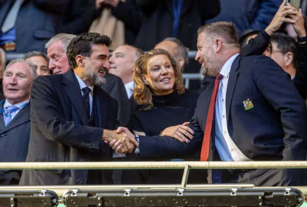 LONDON, ENGLAND - Sunday, February 26, 2023: (L-R) Newcastle United's co-owner Mehrdad Ghodoussi, his wife Amanda Staveley and Manchester United's CEO Richard Arnold during the Football League Cup Final match between Manchester United FC and Newcastle United FC at Wembley Stadium. Man Utd won 2-0. (Pic by David Rawcliffe/Propaganda)