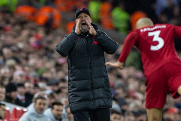 LIVERPOOL, ENGLAND - Wednesday, March 1, 2023: Liverpool's manager Jürgen Klopp reacts during the FA Premier League match between Liverpool FC and Wolverhampton Wanderers FC at Anfield. (Pic by David Rawcliffe/Propaganda)