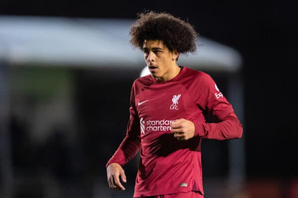 LIVERPOOL, ENGLAND - Wednesday, March 1, 2023: Liverpool's Jayden Danns during the UEFA Youth League Round of 16 game between Liverpool FC Under-19's and FC Porto's Under-19's at the Liverpool Academy. (Pic by Jessica Hornby/Propaganda)