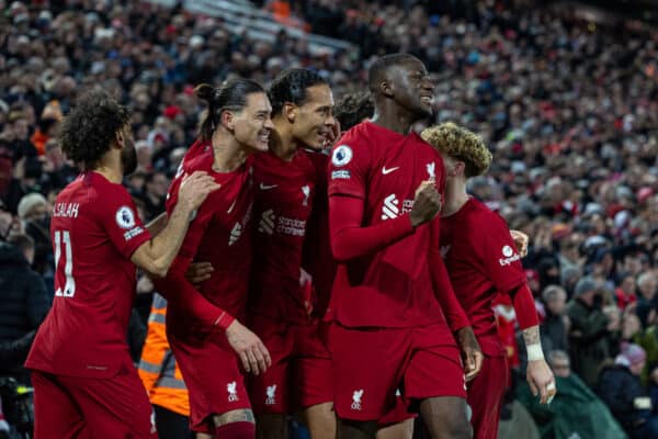 LIVERPOOL, ENGLAND - Wednesday, March 1, 2023: Liverpool's Virgil van Dijk (C) celebrates with team-mates after scoring the first goal during the FA Premier League match between Liverpool FC and Wolverhampton Wanderers FC at Anfield. (Pic by David Rawcliffe/Propaganda)